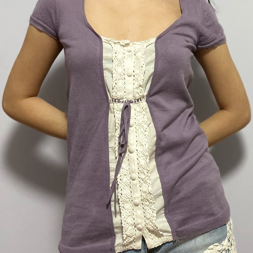 Purple RW&CO top with white lace button details